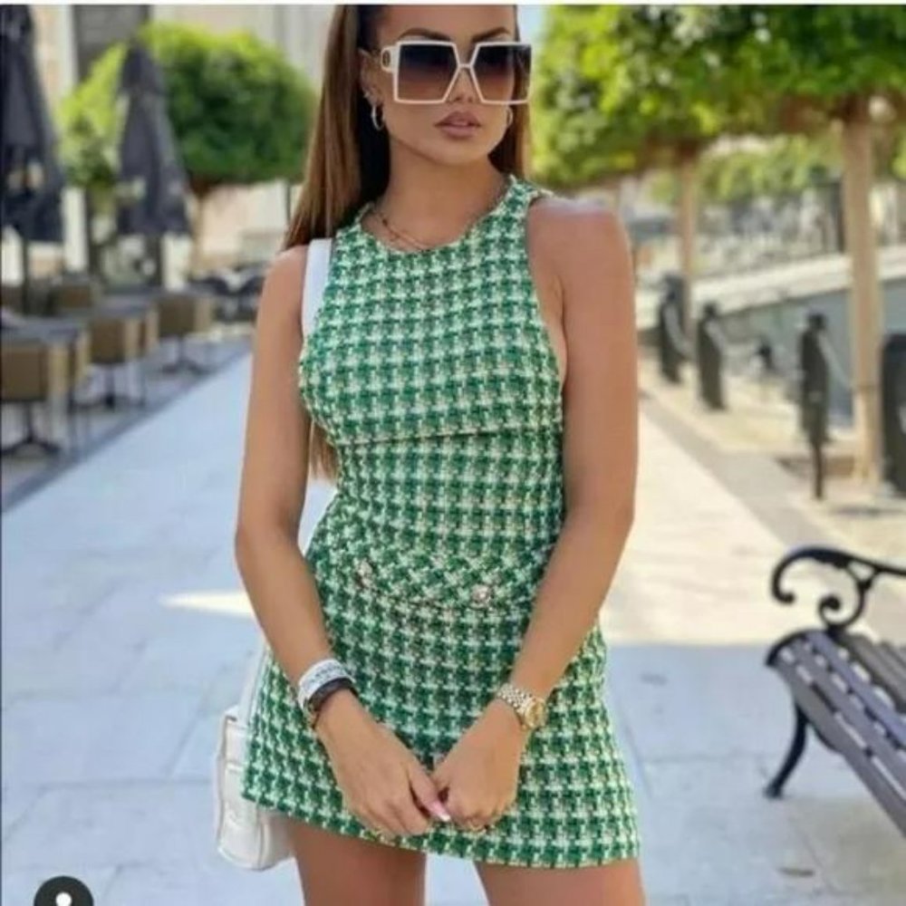 ZARA HOUNDSTOOTH TEXTURED PINAFORE DRESS